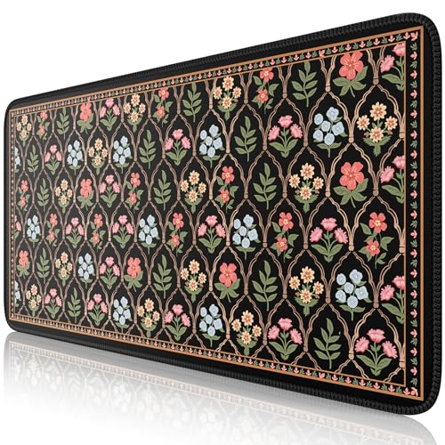 iCasso Floral Desk Pad Mat, Large Mouse Pad, Desk Matt for Desktop, Anti-Slip XXL Big Mousepad with Stitched Edges for Computer Keyboard (Black Moroccan) - color: Black Moroccan