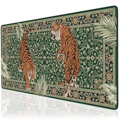 Desk Pad Mat, Stitched Edges Cute Desk Mat, Non-Slip Tiger Desk Mat Gaming, Smooth Green Mouse Pad, Soft Desk Cushion for Office Home 35.4 x 15.7 Inches (Green) - color: Multi/Green