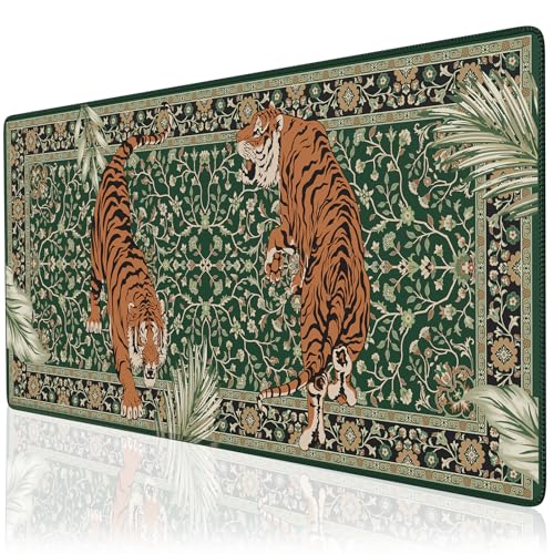 Desk Pad Mat, Stitched Edges Cute Desk Mat, Non-Slip Tiger Desk Mat Gaming, Smooth Green Mouse Pad, Soft Desk Cushion for Office Home 35.4 x 15.7 Inches (Green) - color: Multi/Green