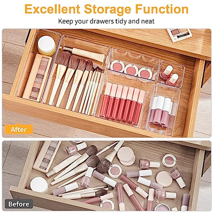 SMARTAKE 22-Piece Drawer Organizer with Non-Slip Silicone Pads, 5-Size Clear Desk Drawer Organizer Trays Storage Tray for Makeup, Jewelries, Utensils in Bedroom Dresser, Office and Kitchen, Clear - size: 22 PCS