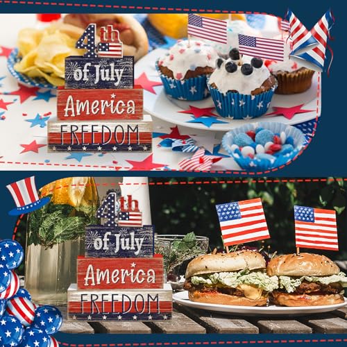 Britimes 4 Pcs 4th of July Decor Patriotic Tiered Tray Decorations Set, Memorial Day Table Sign Farmhouse Red White Blue Rustic Wooden Block Stack Sign for Home Fireplace Mantel (4th of July) - style: 4th of July