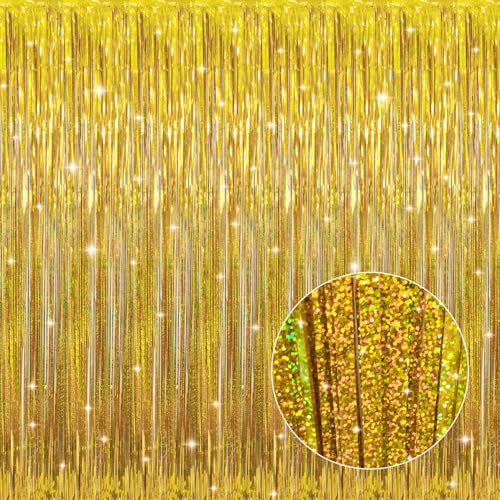 GOER 3.2 ft x 8.2 ft Metallic Tinsel Foil Fringe Curtains Party Photo Backdrop Party Streamers for Birthday,Graduation,New Year Eve Decorations Wedding Decor (1 Pack,Laser Gold) - color: Laser Gold, size: 1 Pack