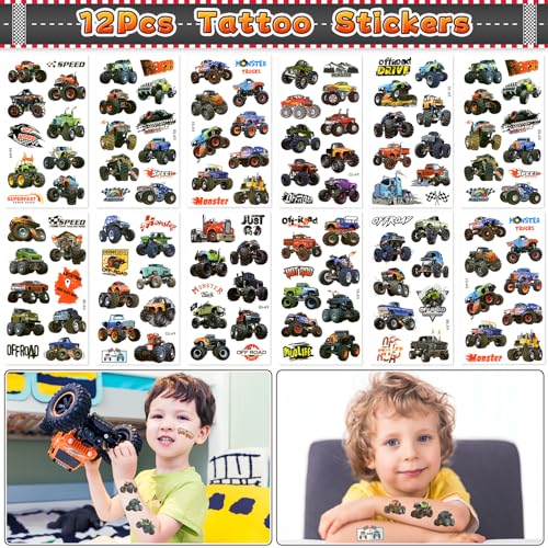 SNLN Monster Truck Party Favors Birthday Supplies for Boys Kids, Drawstring Bag Silicone Bracelet Keychain Tattoo Sticker Pinata Goodie Bag Stuffers Monster Truck Birthday Party Supplies Decor - style: Monster Truck