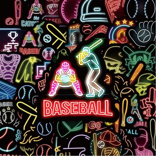 KumCinn 50Pcs Baseball Neon Style Stickers, Reusable Waterproof Vinyl Decals, Wall-Safe for Game Room, Man Cave, Baseball Party, Laptop, Water Bottle & Skateboard - style: Neon Baseball