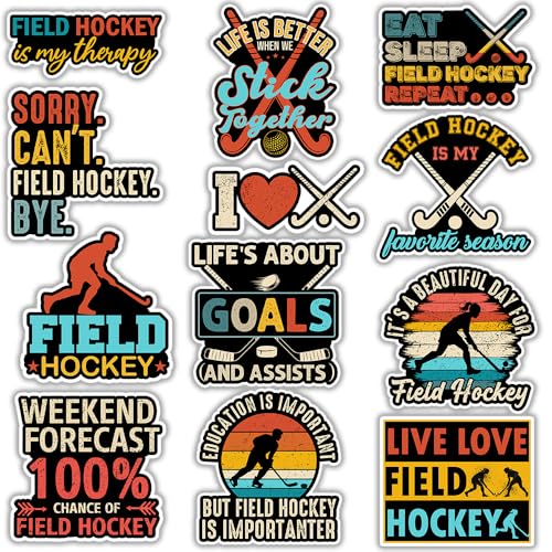 SODAVA (12Pcs, 3in) Field Hockey Sticker Pack for Players & Coaches, Waterproof Sports Stickers for Laptops Water Bottles Gear, Funny Field Hockey Decals for Teens Girls Boys, Athlete Gift - color: Field Hockey