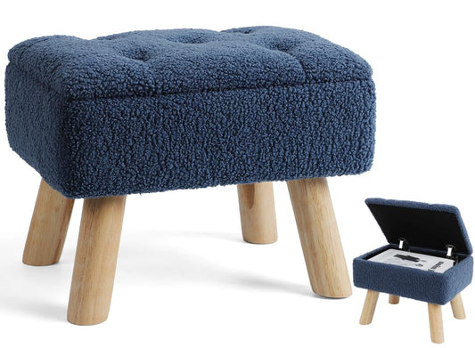 OGEMXU Storage Ottoman, Small Foot Stool Ottoman with Storage, Boucle Teddy Velvet Foot Rest with Padded Seat, Sturdy Wood Legs Stool for Living Room, Bedroom, Couch, Enterway (Dark Blue) - color: Dark Blue