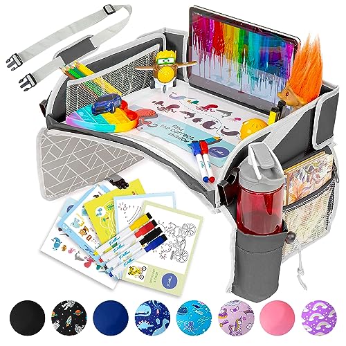 PILLANI Kids Travel Tray for Car - Car Seat Tray for Toddler - Road Trip Essentials Kids w/ iPad Holder Stand, Carseat Table Tray for Kids Road Trip Activities, Toddler Lap Desk Organizer for Airplane - color: Gray