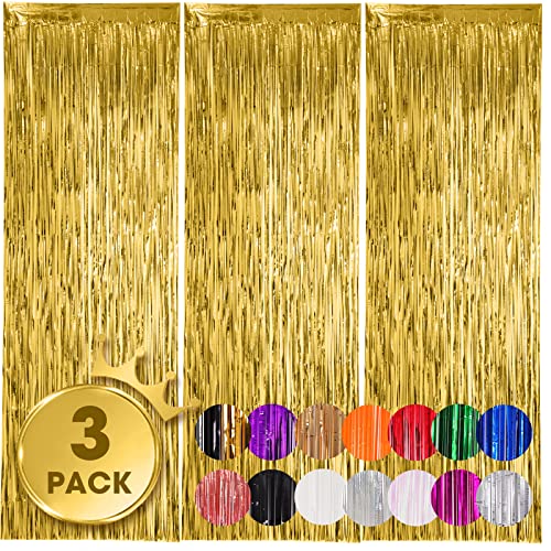 Voircoloria 3 Pack 3.3x8.2 Feet Gold Foil Fringe Backdrop Curtains, Tinsel Streamers, Fringe Backdrop for 2025 New Years Eve, Graduation, Birthday, Baby Shower, Gender Reveal, Disco Party - color: 05 Gold