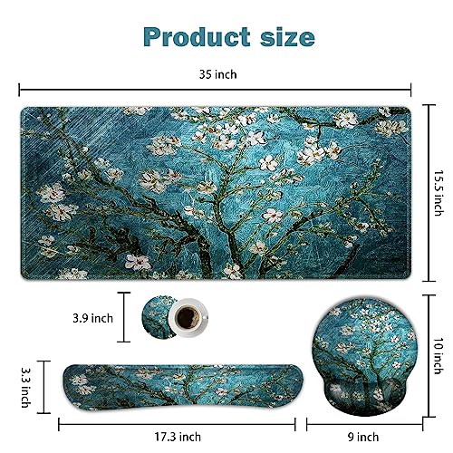 ARTSO Desk Mat, Large Gaming Mouse Pad Wrist Support Set, Ergonomic Keyboard Wrist Rest Desk Pad with Coaster Combo, Extended Mousepad with Non-Slip for Home Office, Blue Van Gogh Painting - color: Blue Van Gogh Painting