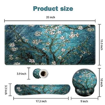 ARTSO Desk Mat, Large Gaming Mouse Pad Wrist Support Set, Ergonomic Keyboard Wrist Rest Desk Pad with Coaster Combo, Extended Mousepad with Non-Slip for Home Office, Blue Van Gogh Painting - color: Blue Van Gogh Painting