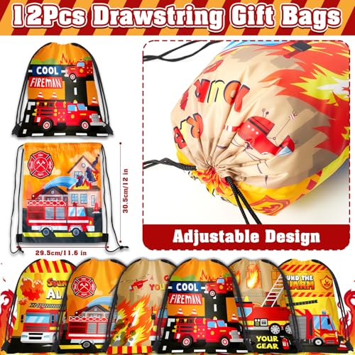SNLN Fire Truck Party Favors Birthday Supplies, Firefighter Drawstring Bag Keychain Silicone Bracelet Tattoo Sticker, Firetruck Birthday Party Goodie Bag Stuffers Fillers Classroom Rewards for Kid - style: Fire Truck
