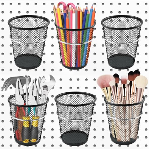 6 Sets Pegboard Cups with Ring, Metal Pegboard Bin with Hooks, Black Multipurpose Pegboard Organizer Accessories Pencil Holder Peg Boards for Desk Classroom Office Garage Workshop