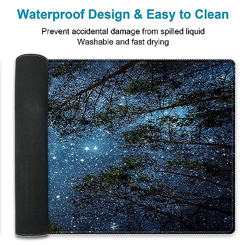 Extended Desk Mat (31.5x11.8 inch 3mm Thick), iDonzon Soft Cute Extra Large XXL Waterproof Gaming Mouse Pad with Non-Slip Rubber Base & Stitched Edges, for Working/Game, Forest Starry - color: Blue
