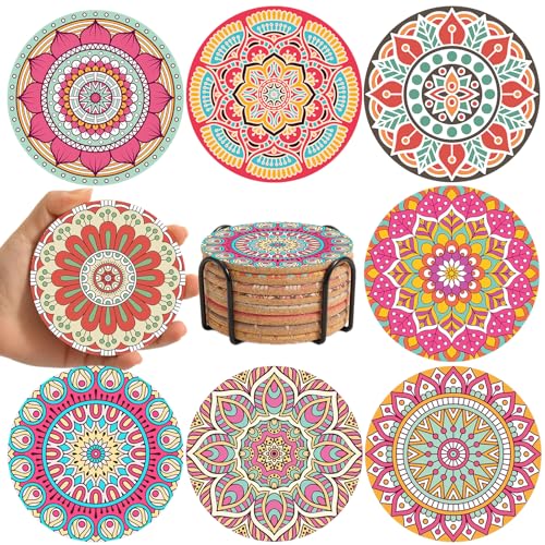 Cork Coasters Set of 8,Round Boho Coasters for Drinks,Cute Colorful Coaster with Holder,Apartment Farmhouse Office Bar Decor, Birthday Gifts for Mom Grandma(Mandala 3) - color: Mandala Coasters3
