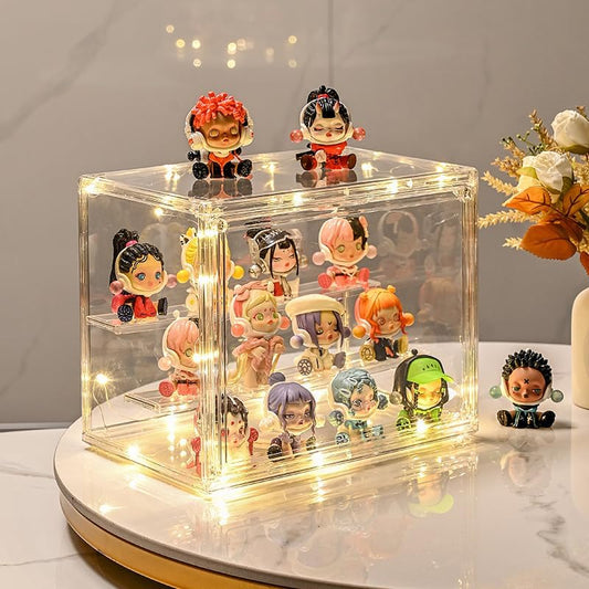 BOHOIDEE 3 Tiers Clear Display Case with Lights, Acrylic Storage Organizers Box with Magnetic Door, Acrylic Dustproof Showcase for Collectibles Action Figure - size: Tabletop Medium+Light