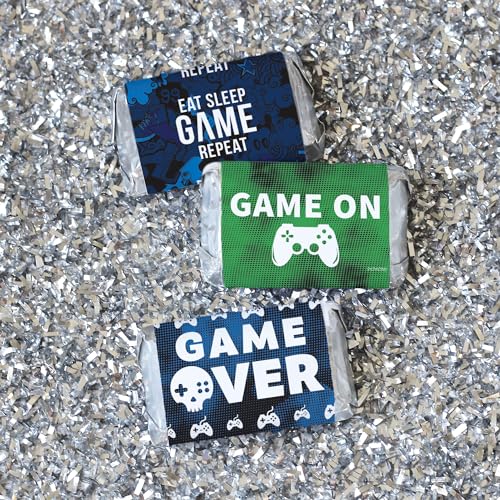 Gamer Birthday Party Favors, Video Game Birthday Mini Candy Bar Wrappers - 42 Stickers - color: Mini Candy Bar Sticker