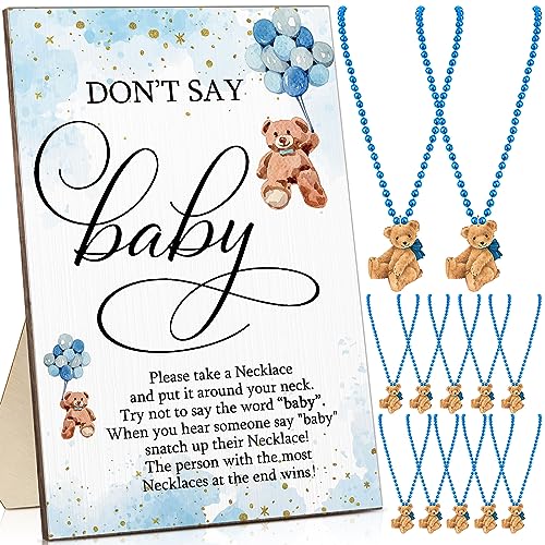Roowest 51 Pcs Don't Say Baby Shower Game Wooden Bear Sign Table Decor Gift Sets 50 Bear Necklaces for Baby Shower Gender Reveal Games Party Favor(Blue) - color: Blue