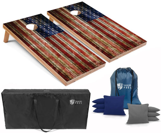 Tailgating Pros American Flag Wooden Plank Design Cornhole Board Set w/Bean Bags and Carrying Case - 4'x2' Corn Hole Toss Game - color: Royal / Grey