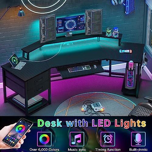 SEDETA 79" Gaming Desk, Computer Desk with 2 Fabric Drawers & LED Light, L Shaped Gaming Desk with Storage Shelf for Home Office, Carbon Fiber Black - color: Carbon Fiber Black
