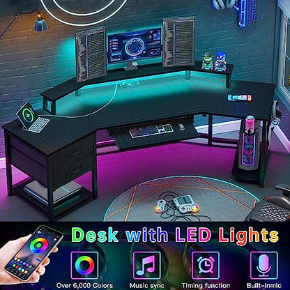 SEDETA 79" Gaming Desk, Computer Desk with 2 Fabric Drawers & LED Light, L Shaped Gaming Desk with Storage Shelf for Home Office, Carbon Fiber Black - color: Carbon Fiber Black