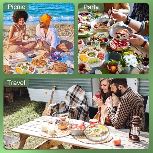Divided Serving Tray with Lid and Handle, Portable Snackle Box for Veggie, Fruit Snacks Organizer, Clear Snack Spinner Container for Outdoor, Kitchen, Party, Travel