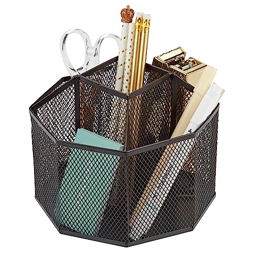 Annova Mesh Desk Organizer Rotate with 5 Compartments Spinning Tidy Candy/Pen Holder Office, Art Supply, Storage, Classroom, Home (Black) - color: Black
