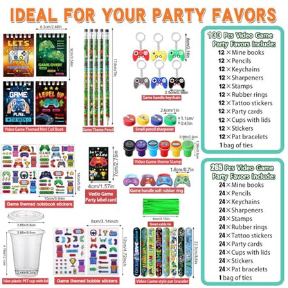 RoundFunny 133 Pcs Video Game Party Favors Gamer Birthday Party Decorations Gamer Cups Notebook Pencils Sharpener Keychain Slap Bracelets Ring Stamp Sticker for Gaming Supplies Reward Gift