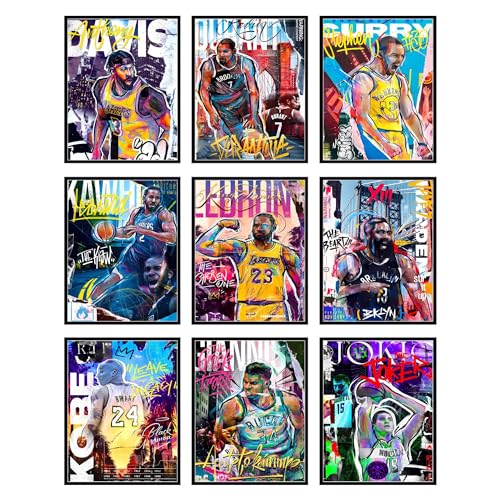 Bigwig Prints Basketball Posters for Boys Bedroom - Basketball Room Decor, Nba Posters, Steph Curry, Kobe Bryant Wall Art, Kevin Durant, Lebron James, Sports Art For Bedroom - Unframed Set of 9 (8x10) - color: Basketball 1