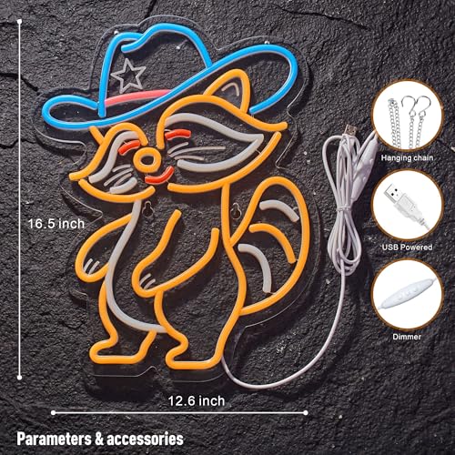 Cowboy Racoon Neon Sign Raccoon Neon Light Cowboy LED Sign USB Powered Dimmable Art Signs for Bar Pub Store Man Cave Kids Room 16.2 X 12.6 inch - color: Racoon Orange