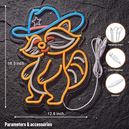 Cowboy Racoon Neon Sign Raccoon Neon Light Cowboy LED Sign USB Powered Dimmable Art Signs for Bar Pub Store Man Cave Kids Room 16.2 X 12.6 inch - color: Racoon Orange