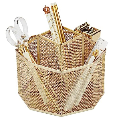 Annova Mesh Desk Organizer Rotate with 5 Compartments Spinning Tidy Candy/Pen Holder Office, Art Supply, Storage, Classroom, Home (Gold) - color: Gold
