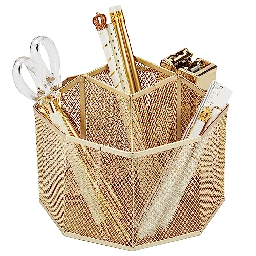 Annova Mesh Desk Organizer Rotate with 5 Compartments Spinning Tidy Candy/Pen Holder Office, Art Supply, Storage, Classroom, Home (Gold) - color: Gold