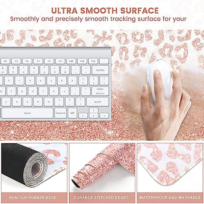 iLeadon Mouse Pad Set, Desk Mat + Mouse Pad with Wrist Rest + Keyboard Wrist Rest + Coaster, 4in1 Glitter Leopard Mouse and Keyboard Pad Set for Home Office, Pink Rose Gold Leopard - color: Pink Rose