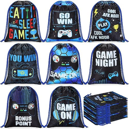 Faccito 16 Pieces Video Game Party Favors Bags 7 x 9.8 Inch Gaming Party Drawstring Bags Bulk Game Theme Goodie Candy Treat Gift for Boys Girls Birthday Supplies, 8 Styles(Blue)