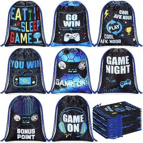 Faccito 16 Pieces Video Game Party Favors Bags 7 x 9.8 Inch Gaming Party Drawstring Bags Bulk Game Theme Goodie Candy Treat Gift for Boys Girls Birthday Supplies, 8 Styles(Blue)