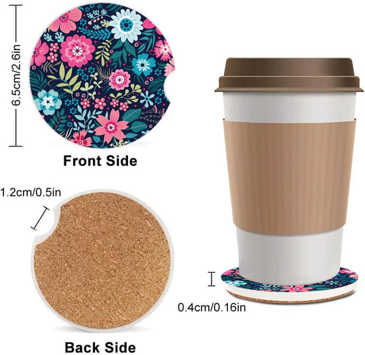Absorbent Car Cupholder Coaster 2 Pack, Cute Car Coasters with a Finger Notch for Women & Men,2.56" Ceramic Stone & Non-Scratch Cork Base Drink Coasters,Car Accessories Gifts Luxury Flowers2 - color: Luxury Flowers2