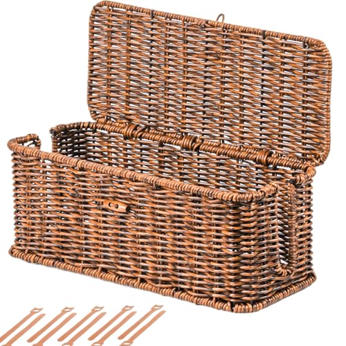BROWNLILY Cable Management Box, Rattan Style Cord Organizer for Desk Cord Hider Outlet Covers for Power Strip TV PC Router Charger Under Desk Storage with Lockable Lid and Cable Ties - color: Brown, size: M