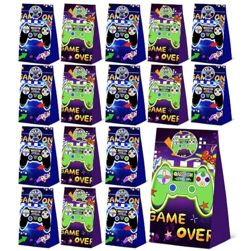 24Pcs Video Game Goodie Gift Bags with Stickers, Video GameTheme Paper Bags, Perfect for Gamer Party Supplies and Treat Bags - color: purple-24-game-bags
