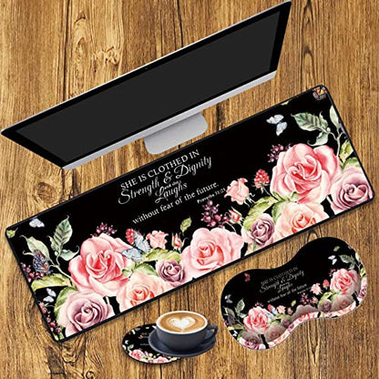 Desk Pad Gaming Mouse Pad + Wrist Rest Support Pad + Coaster, 31.5" × 11.8" Durable Non-Slip Extended Computer Mouse Pad, Suitable for Office and Home, Bible Verses Proverbs 31:25 - color: Bible Verses Proverbs 31:25