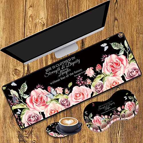 Desk Pad Gaming Mouse Pad + Wrist Rest Support Pad + Coaster, 31.5" × 11.8" Durable Non-Slip Extended Computer Mouse Pad, Suitable for Office and Home, Bible Verses Proverbs 31:25 - color: Bible Verses Proverbs 31:25