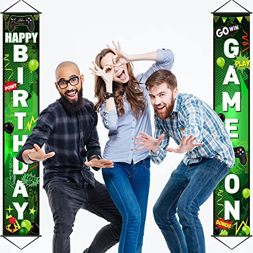 Blulu Game On Birthday Banner - Video Game Party Decorations, Controller Door Sign, Happy Backdrop, Gamer Party Background, Block Night Decoration