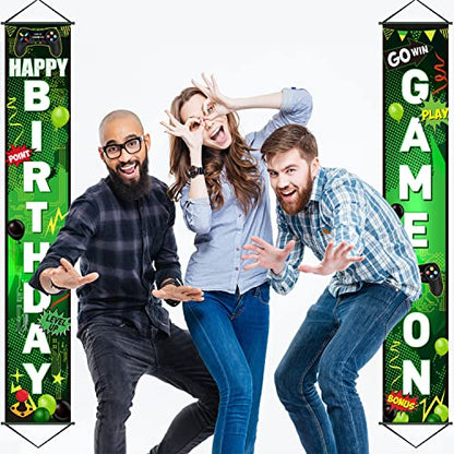 Blulu Game On Birthday Banner - Video Game Party Decorations, Controller Door Sign, Happy Backdrop, Gamer Party Background, Block Night Decoration