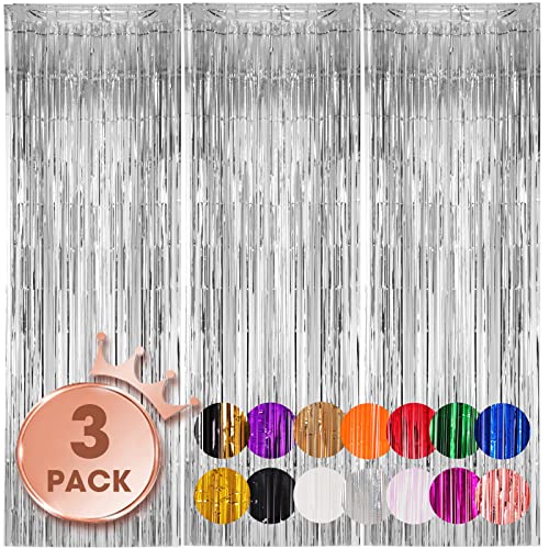 Voircoloria 3 Pack 3.3x8.2 Feet Silver Foil Fringe Backdrop Curtains, Tinsel Streamers Birthday Party Decorations, Fringe Backdrop for 2025 New Years Eve, Graduation, Baby Shower, Gender Reveal - color: 07 Silver