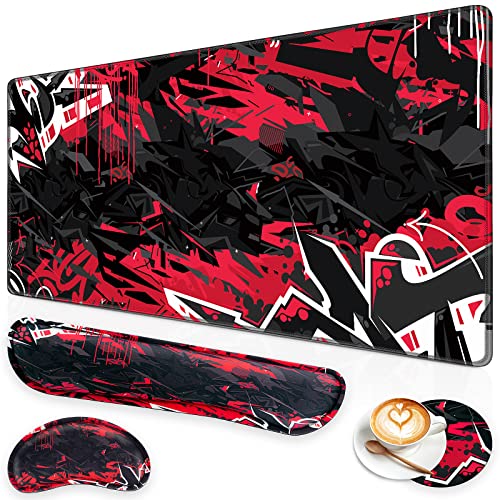 Canjoy Gaming Mouse Pad Set, 4-in-1 XXL Large Mouse Pad + Keyboard Wrist Rest Support+ Coaster, (35.4×15.7 in) Extended Desk Pad Memory Foam Non-Slip Desk Mat for Home Office - color: Black Red
