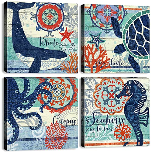 Navy Blue and Orange Ocean Animal Wall Art Toddler Kids Bathroom Beach Themed Decor Cartoon Sea Turtle Octopus Whale Seahorse Canvas Mural Nautical Coastal Pictures Nursery Home Decorations 12x12" 4P - color: Sea Life, size: 12x12in