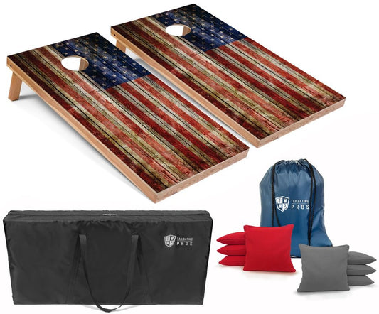Tailgating Pros American Flag Wooden Plank Design Cornhole Board Set w/Bean Bags and Carrying Case - 4'x2' Corn Hole Toss Game - color: Red / Grey