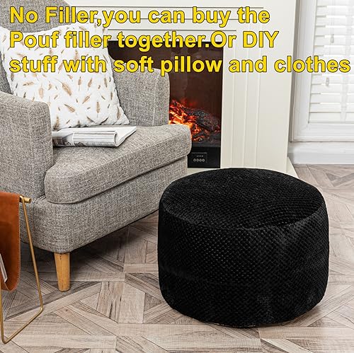 Asuprui Unstuffed Pouf Ottoman Round Poof Ottoman No Filler Soft Faux Fur Foot Stool 20x20x12 Inches Fuzzy Chair Floor Pouf Foot Rest with Storage for Living Room Bedroom Black - color: Black