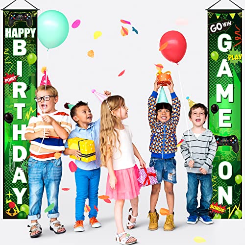 Blulu Game On Birthday Banner - Video Game Party Decorations, Controller Door Sign, Happy Backdrop, Gamer Party Background, Block Night Decoration