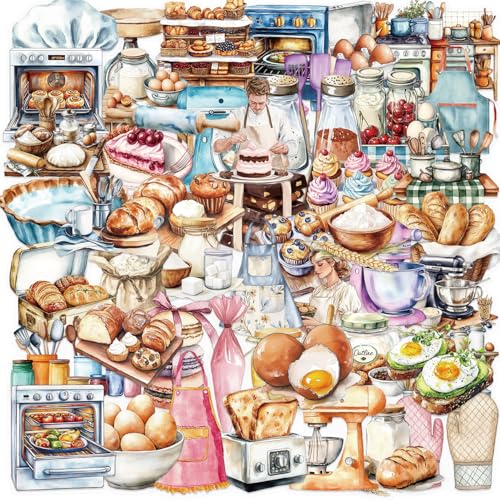 Baking Stickers for Teens & Adults, 50Pcs Transparent Kitchen Stickers for Water Bottles Scrapbook Laptop Journaling, Cute Food Decal for DIY Craft - style: Baking