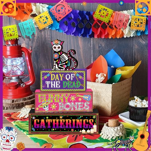 Britimes 4 Pcs Day of the Dead Table Decor Halloween Cat Tiered Tray Decorations Set Funny Bones Stack Block Signs Gift Rustic Farmhouse Tabletop Decor for Table & Home Office - style: Day of The Dead